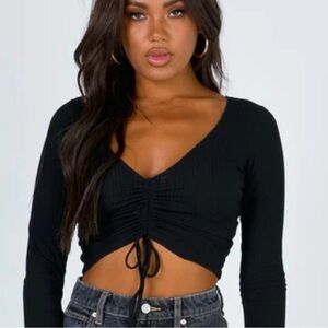PRINCESS POLLY Size 4 Black Ruched Puff Long Sleeve Crop Top Pinch Me Tie Front